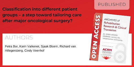 Archives of Rehabilitation Research and Clinical Translation article titled "Classification into different patient groups - a step toward tailoring care after major oncological surgery?" by authors Petra Bor, Karin Valkenet, Sjaak Bloem, Richard van Hillegersberg, and Cindy Veenhof