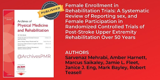 Archives of Physical Medicine and Rehabilitation article titled "Female Enrollment in Rehabilitation Trails: A Systematic Review of Reporting sex, and Female Participation in Randomized Controlled Trails of Post-Stroke Upper Extremity Rehabilitation Over 50 Years" by authors Sarvenaz Mehrabi, Amber Harnett, Marcus Saikaley, Jamie L. Fleet, Janice J. Eng, Mark Bayley, Robert Teasell